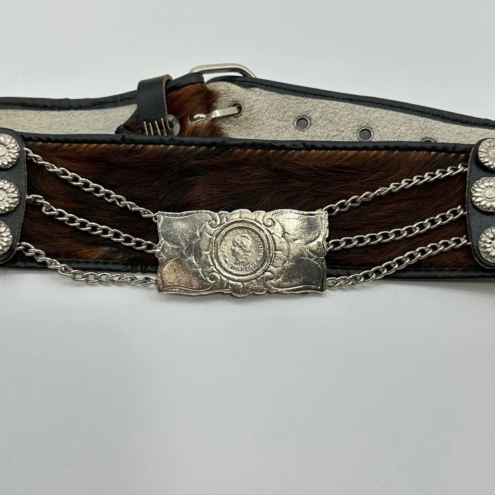 Vintage Gaucho Pony Hair Leather Coin Belt Argentina 100 Pesos Silver Chain
